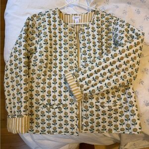 Cream and Green Floral Jacket with Striped Cuffs
